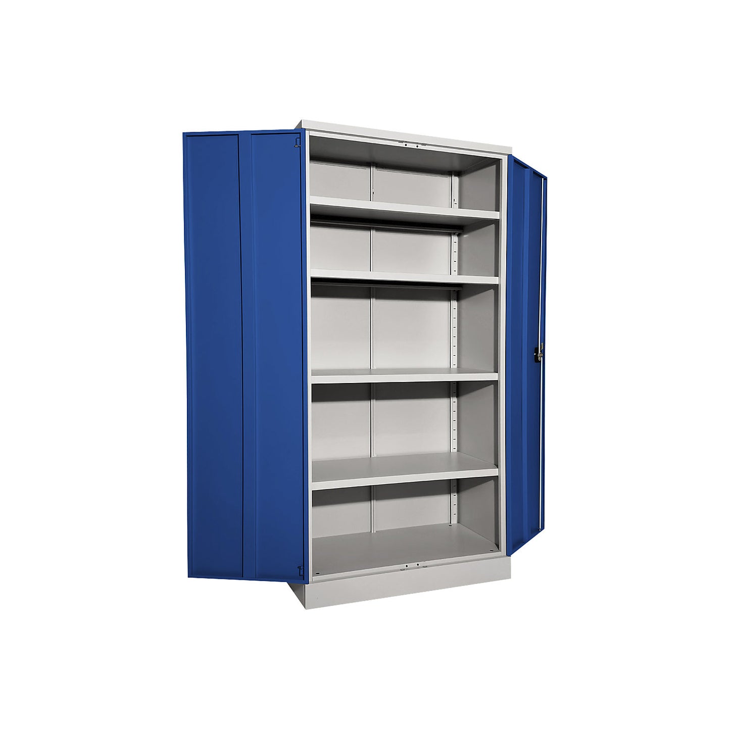 Nilas steel cupboard, with 4 shelves, HxWxD 1950 x 1000 x 500 mm, light grey / gentian blue.