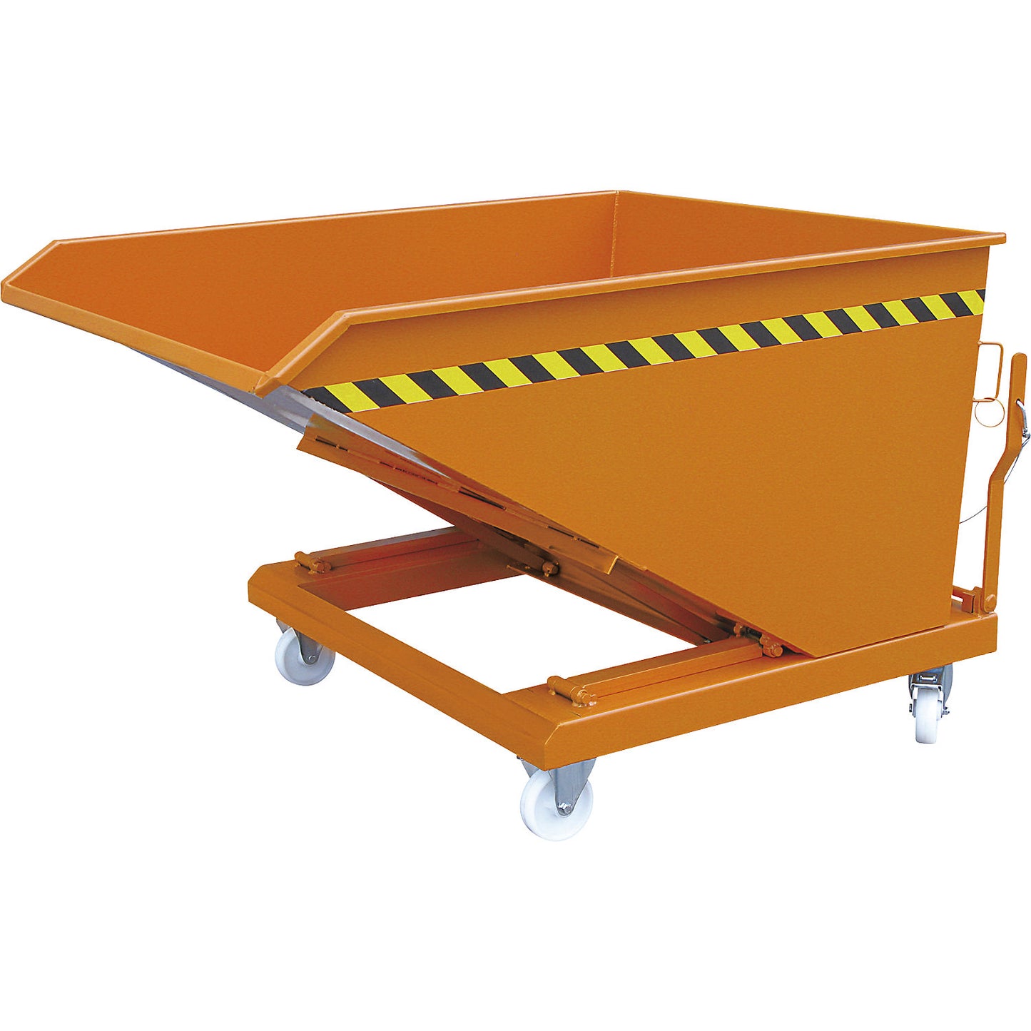 Tilting skip, with scissor tilt mechanism, capacity 750 l, pure orange RAL 2004.