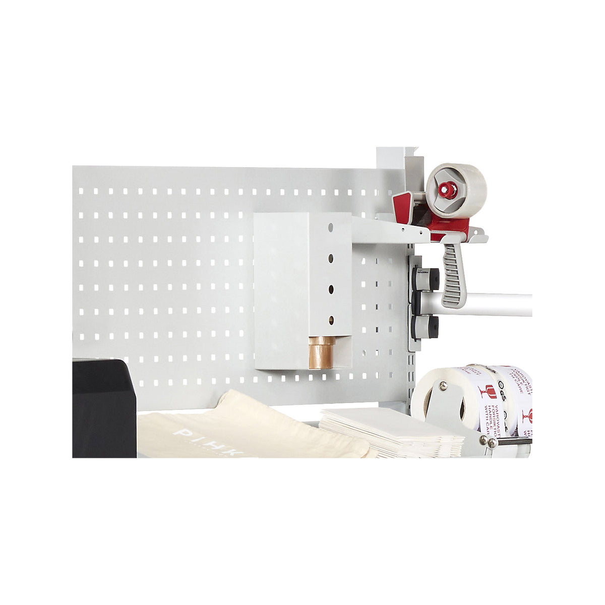 Adhesive tape roll storage box, for perforated panel, width 122 mm.