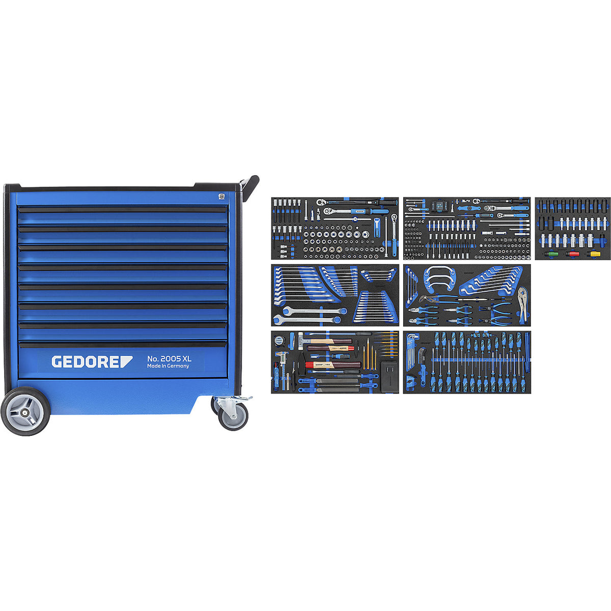 Tool trolley 2005, 8 drawers, with 466 piece automotive tool kit, HxWxD 1020 x 1021 x 605 mm.