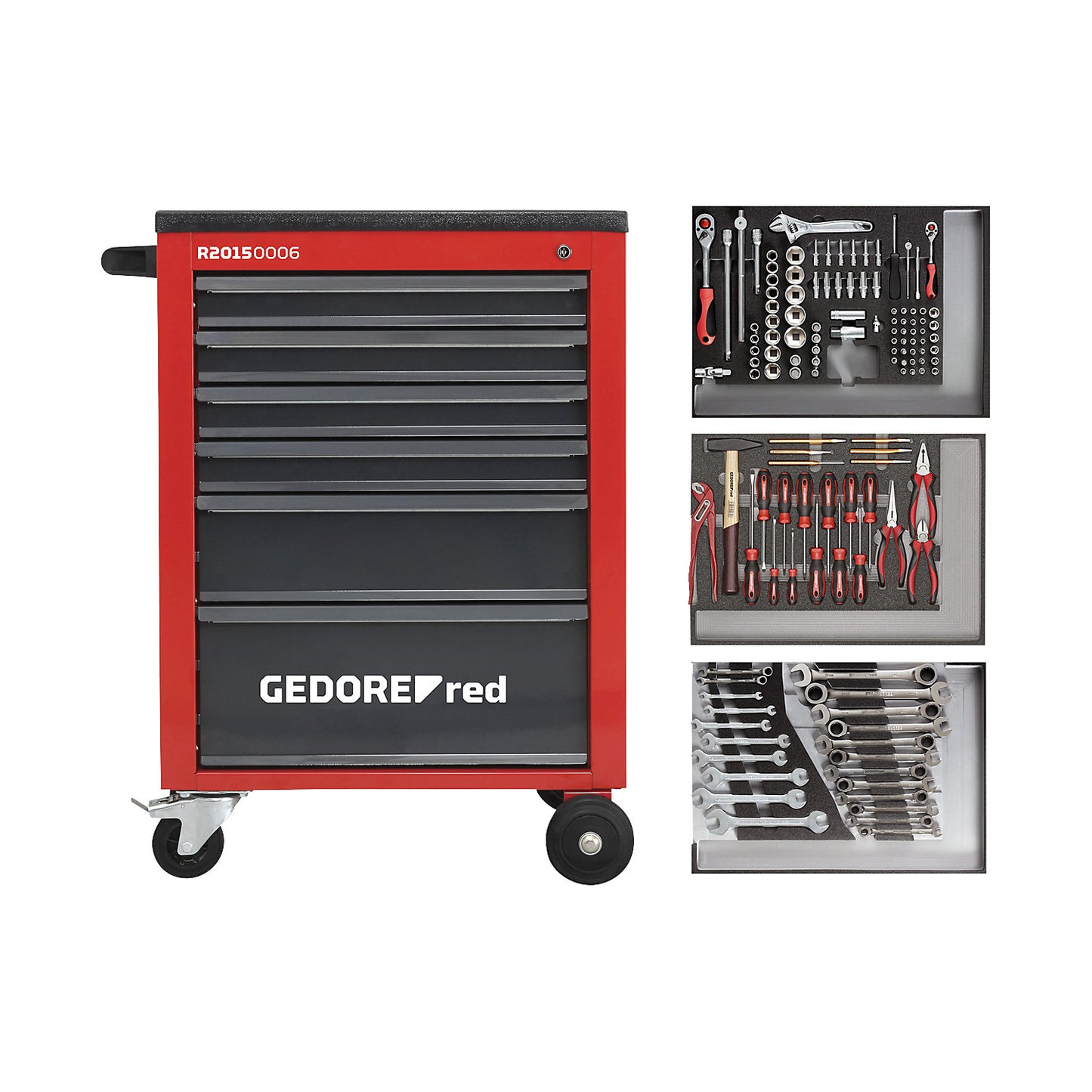 MECHANIC workshop trolley, fully equipped, 6 drawers, 129 parts, red/black, HxWxD 910 x 628 x 418 mm.