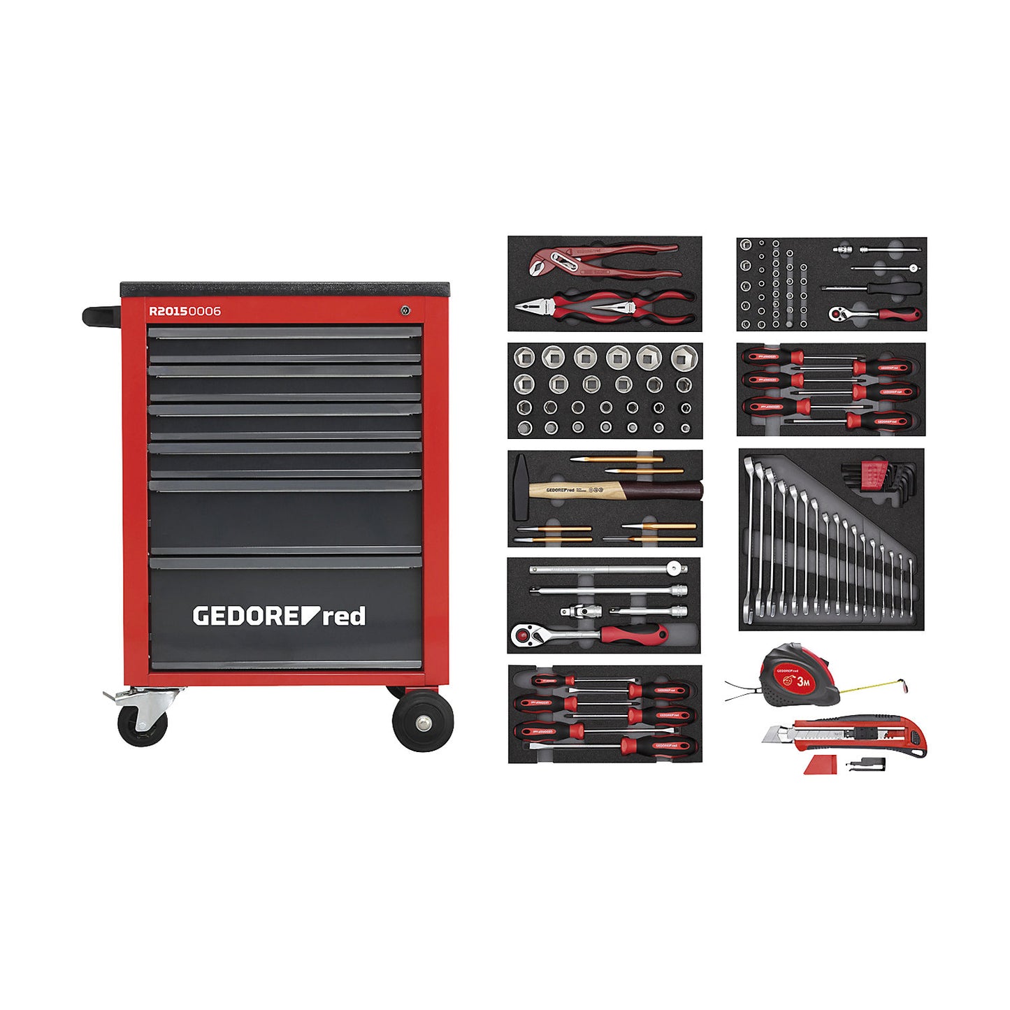 MECHANIC workshop trolley, fully equipped, 6 drawers, 119 parts, red/black, HxWxD 910 x 628 x 418 mm.