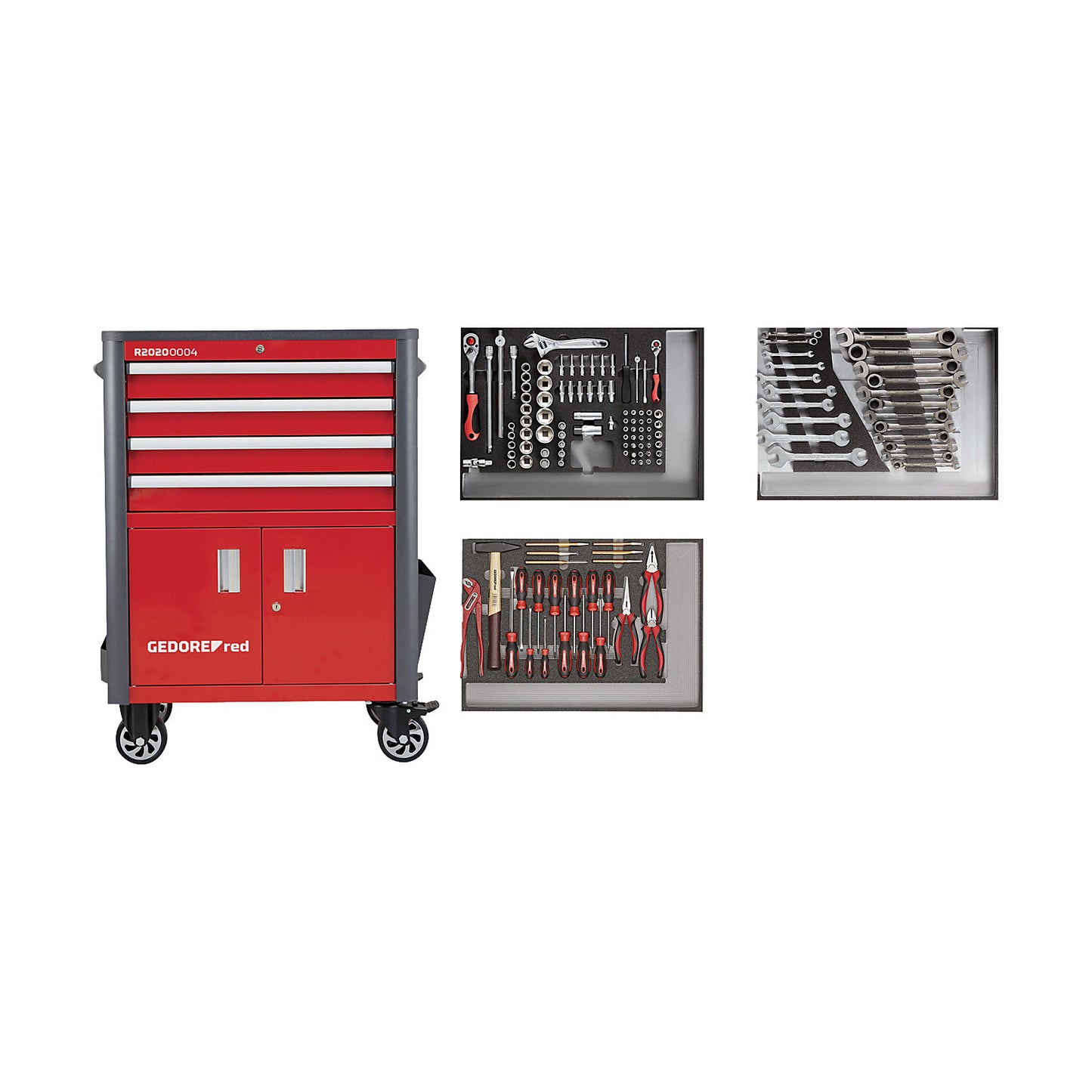 WINGMAN workshop trolley incl. 129 tools, 4 drawers, 129 piece tool kit, HxWxD 1034 x 724 x 470 mm.