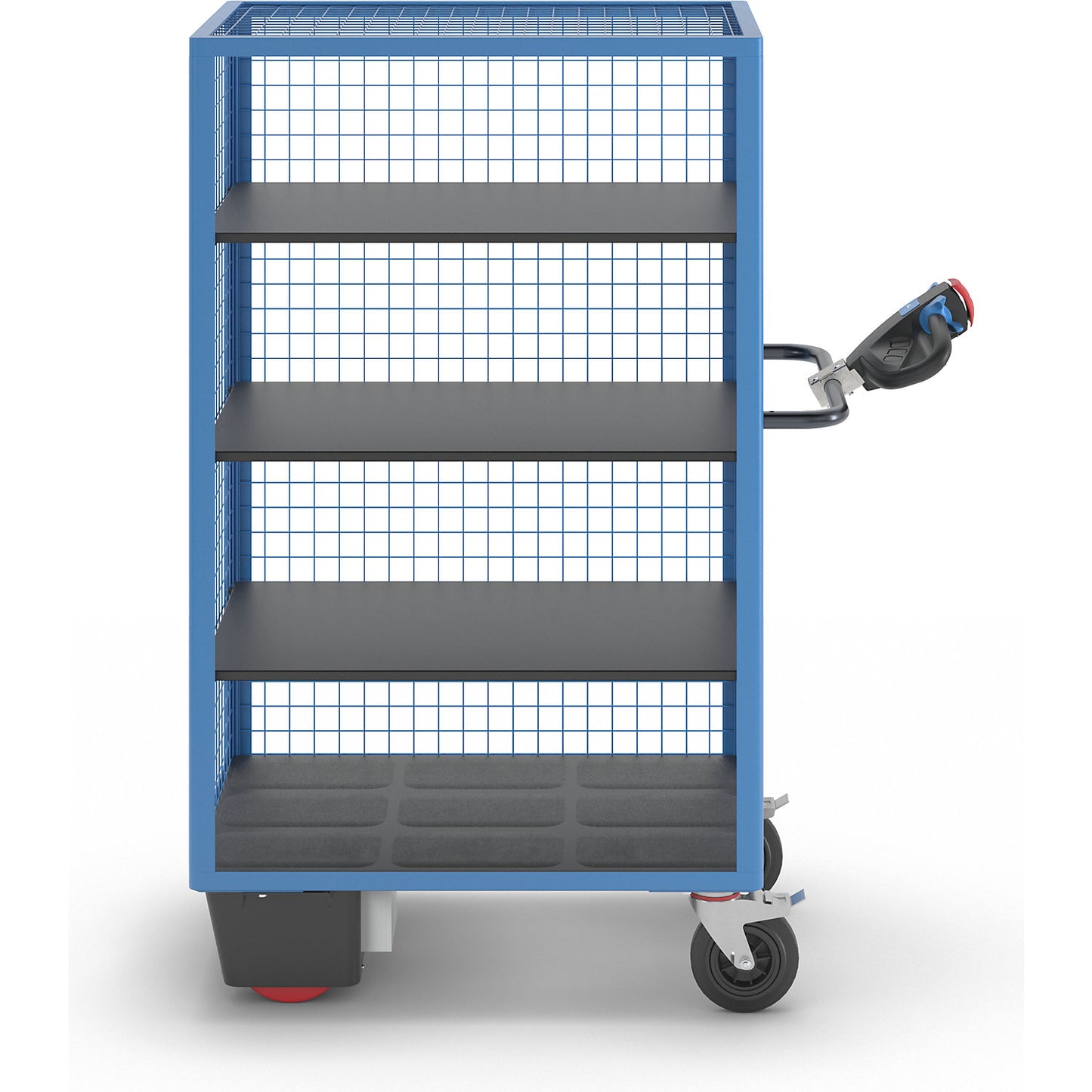 Shelf truck with electric drive, long side open, 3 shelves, light blue.
