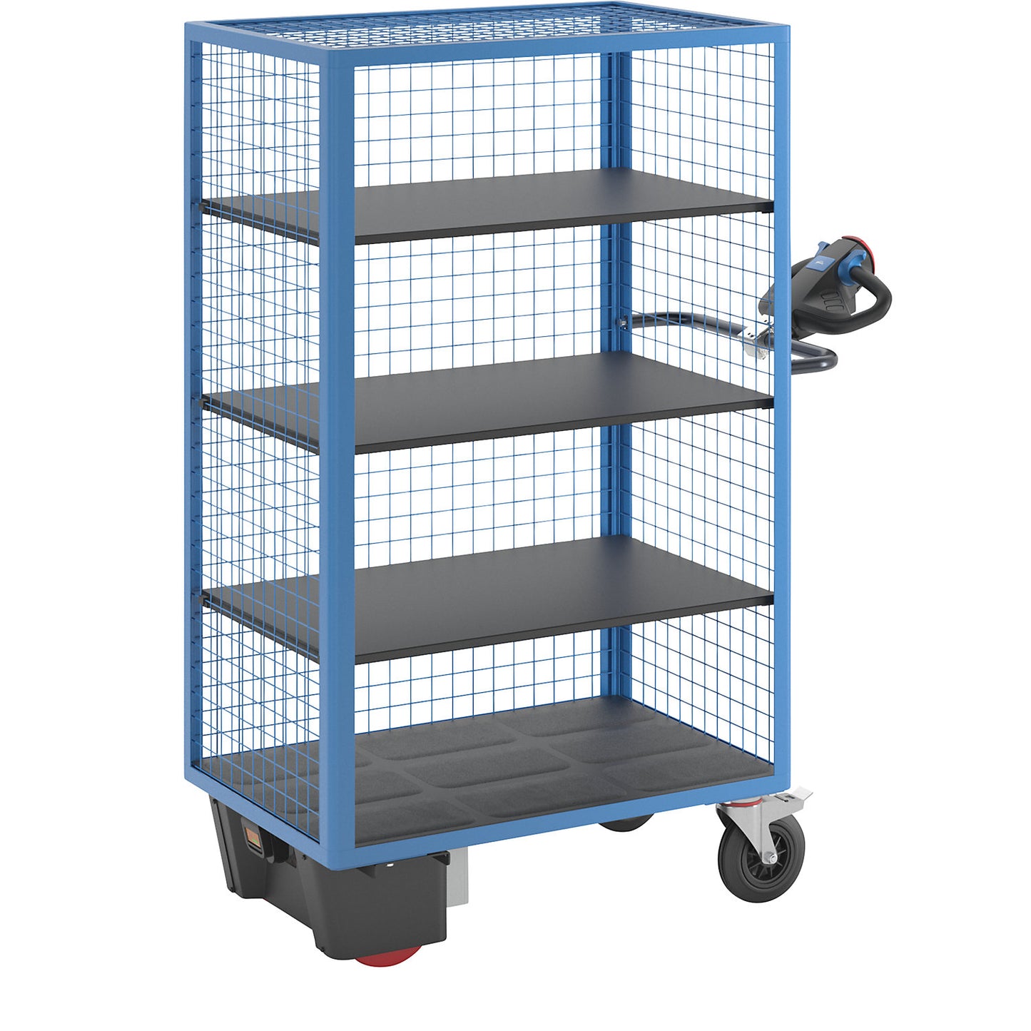 Shelf truck with electric drive, long side open, 3 shelves, light blue.