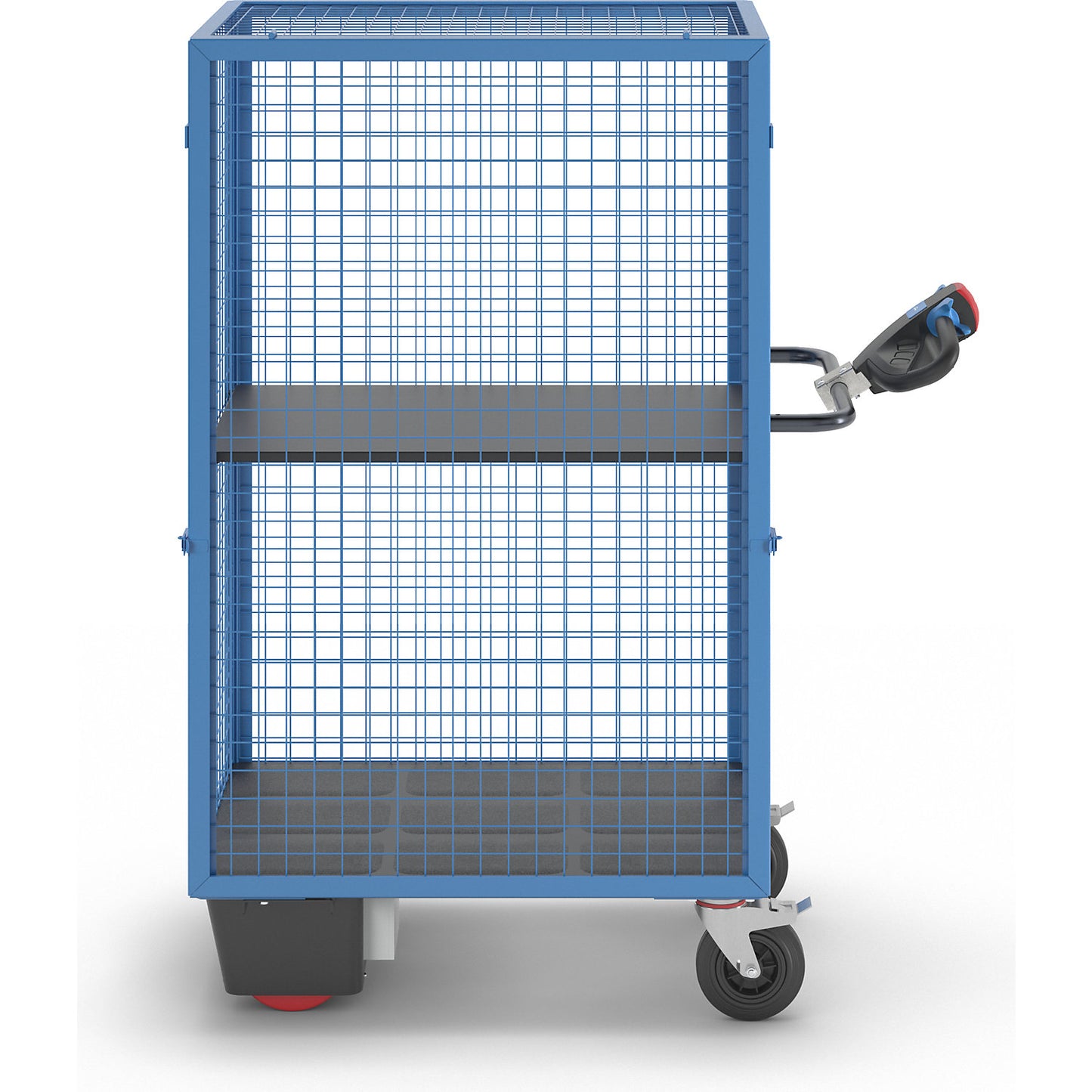 Shelf truck with electric drive, detachable mesh panel, 1 shelf, light blue.