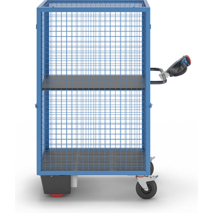 Shelf truck with electric drive, detachable mesh panel, 1 shelf, light blue.