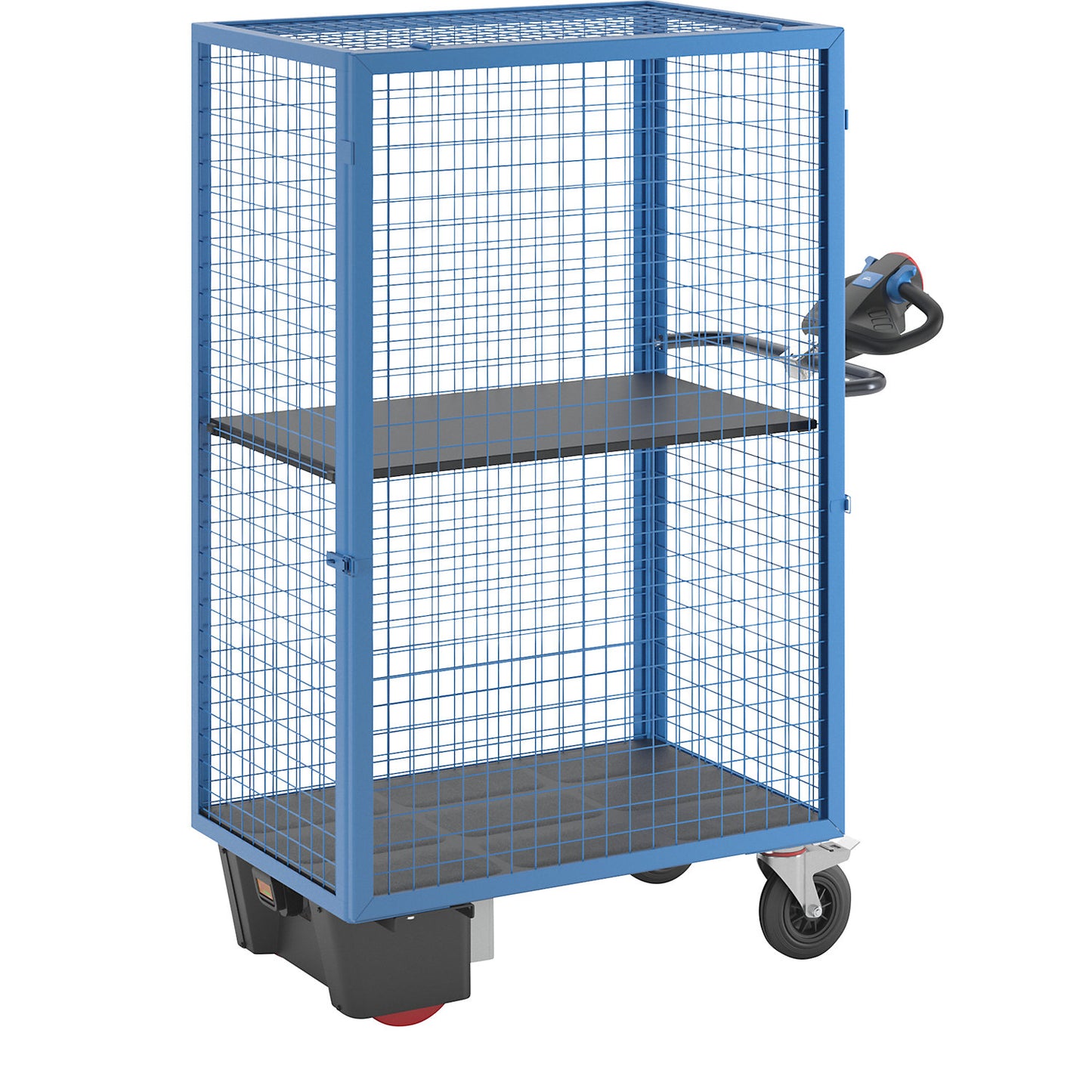 Shelf truck with electric drive, detachable mesh panel, 1 shelf, light blue.