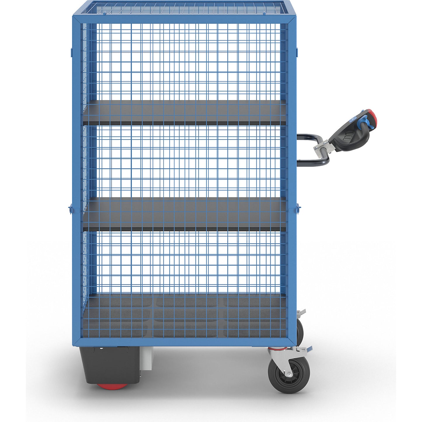 Shelf truck with electric drive, detachable mesh panel, 2 shelves, light blue.