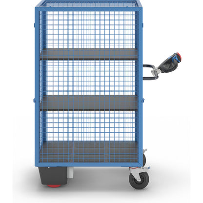 Shelf truck with electric drive, detachable mesh panel, 2 shelves, light blue.