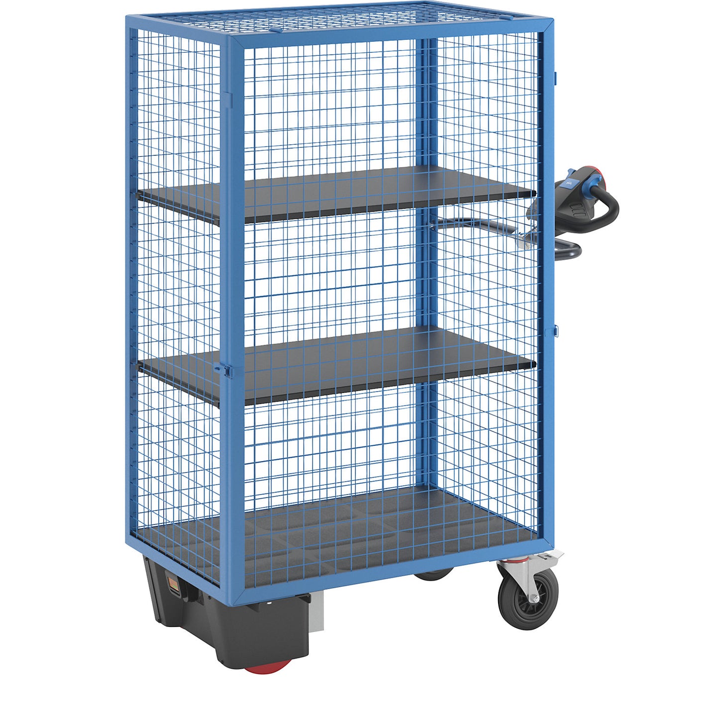 Shelf truck with electric drive, detachable mesh panel, 2 shelves, light blue.