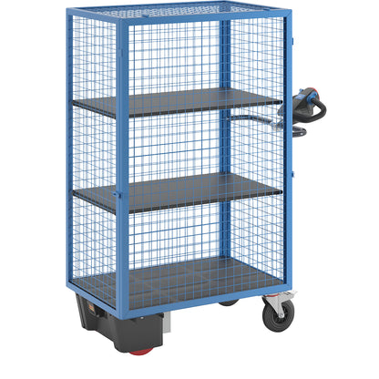 Shelf truck with electric drive, detachable mesh panel, 2 shelves, light blue.