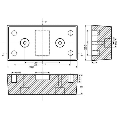 Buffer bumper, rubber, black, LxWxH 500 x 250 x 90 mm.