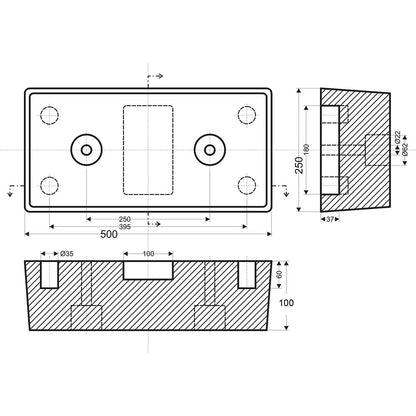 Buffer bumper, rubber, black, LxWxH 500 x 250 x 100 mm.