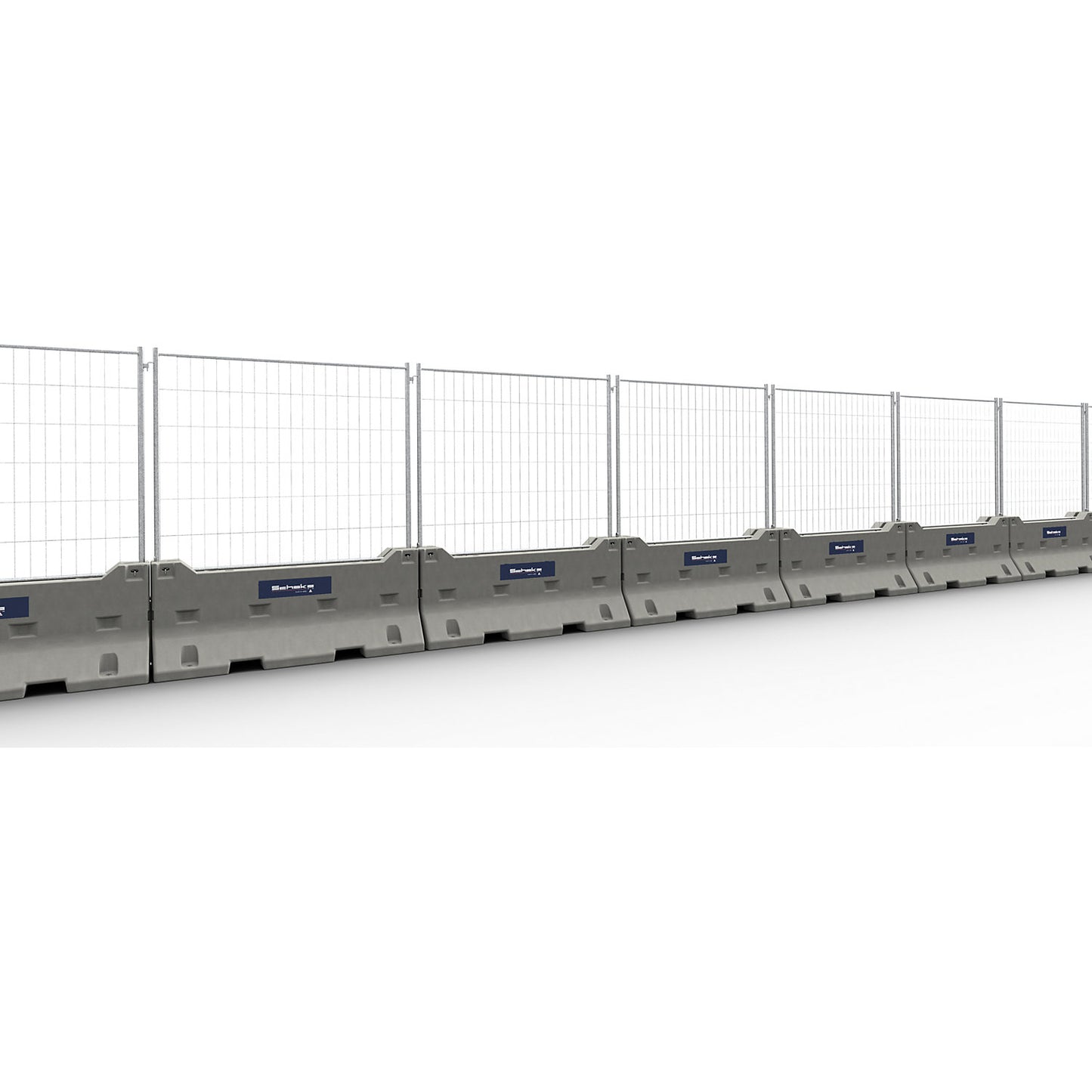 Concrete barrier with mobile fencing, LxWxH 2830 x 2420 x 930 mm, grey.