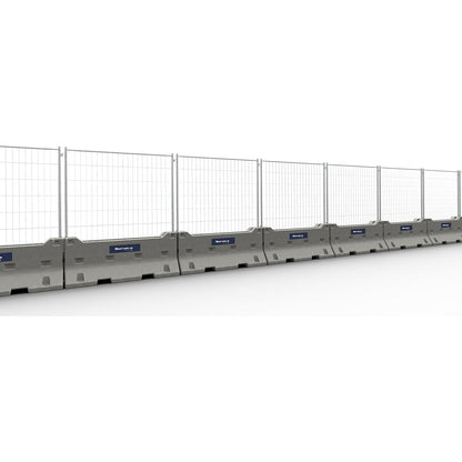 Concrete barrier with mobile fencing, LxWxH 2830 x 2420 x 930 mm, grey.
