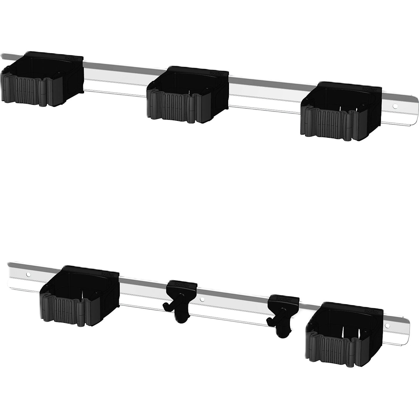 Tool strip set, with two strips, five tool holders and two hooks, silver, black.