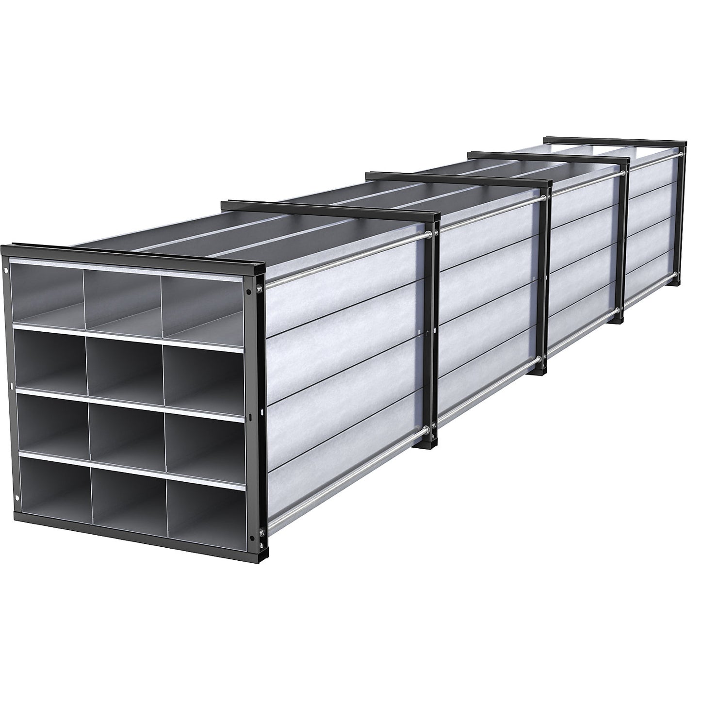 Honeycomb shelving unit, HxWxD 1000 x 1000 x 6000 mm, 12 trays, 3 x 4 compartments.