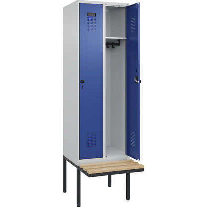 Evolo PLUS bench seat locker, 2 compartments, light grey / gentian blue, W 600 mm, security rotary bolt, with cantilevered bench seat, beech.