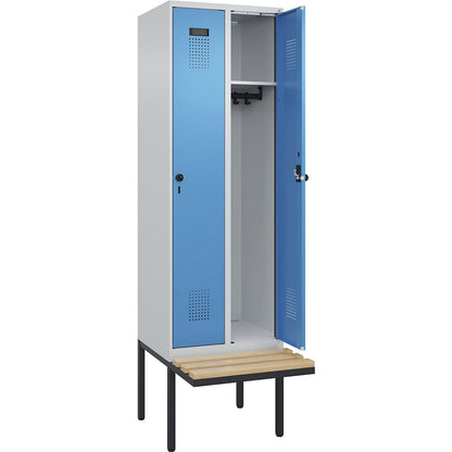 Evolo PLUS bench seat locker, 2 compartments, light grey / light blue, W 600 mm, security rotary bolt, with cantilevered bench seat, beech.