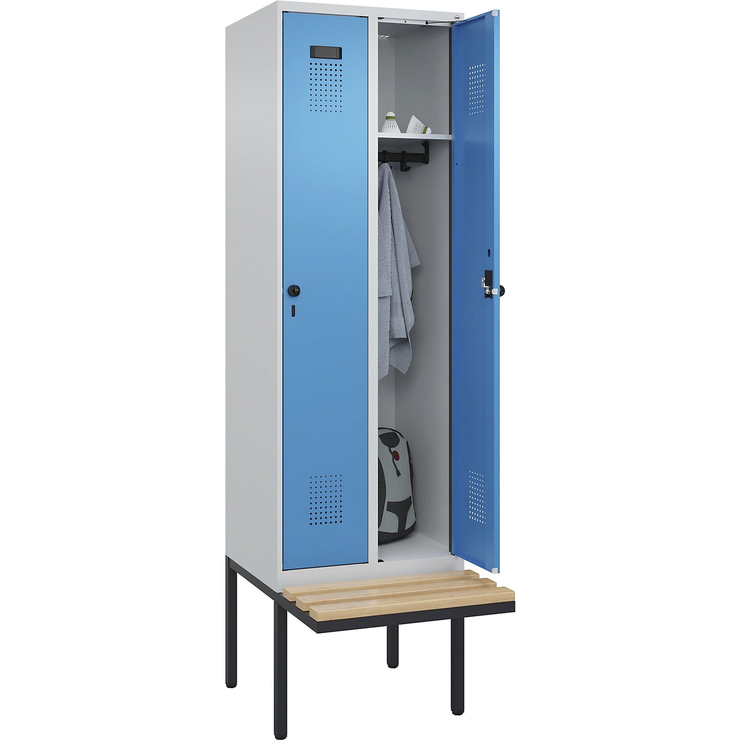 Evolo PLUS bench seat locker, 2 compartments, light grey / light blue, W 600 mm, security rotary bolt, with cantilevered bench seat, beech.