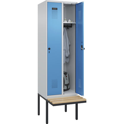 Evolo PLUS bench seat locker, 2 compartments, light grey / light blue, W 600 mm, security rotary bolt, with cantilevered bench seat, beech.