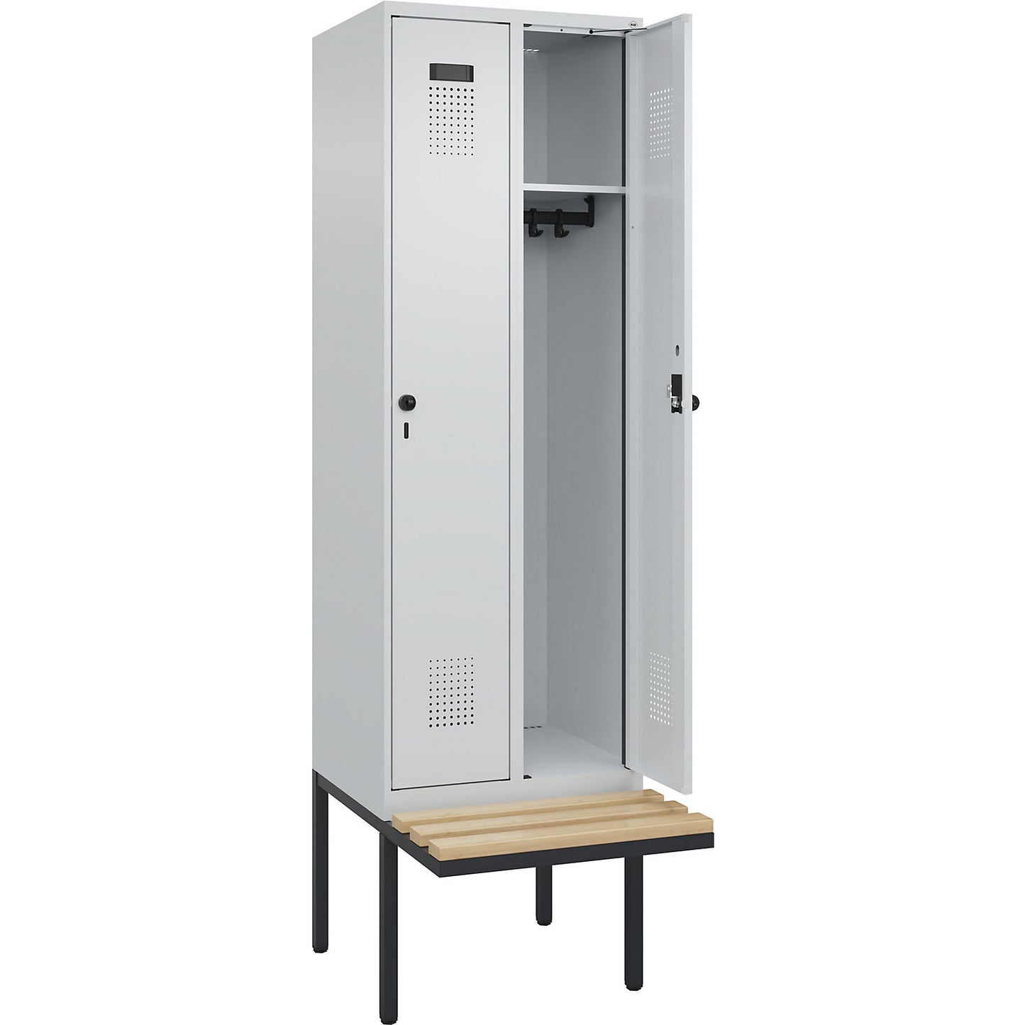 Evolo PLUS bench seat locker, 2 compartments, light grey / light grey, W 600 mm, security rotary bolt, with cantilevered bench seat, beech.