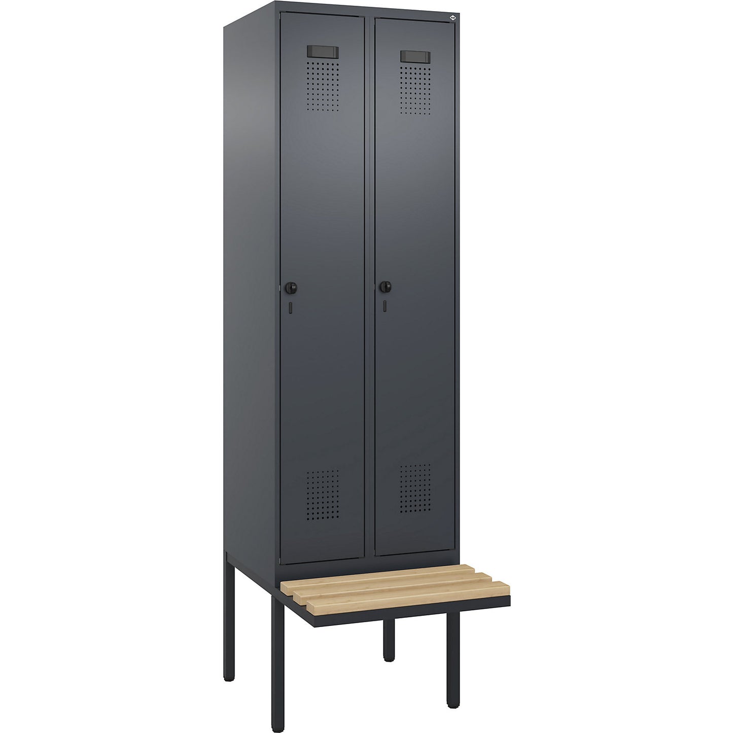 Evolo PLUS bench seat locker, 2 compartments, grey, W 600 mm, security rotary bolt, with cantilevered bench seat, beech.