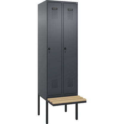 Evolo PLUS bench seat locker, 2 compartments, grey, W 600 mm, security rotary bolt, with cantilevered bench seat, beech.