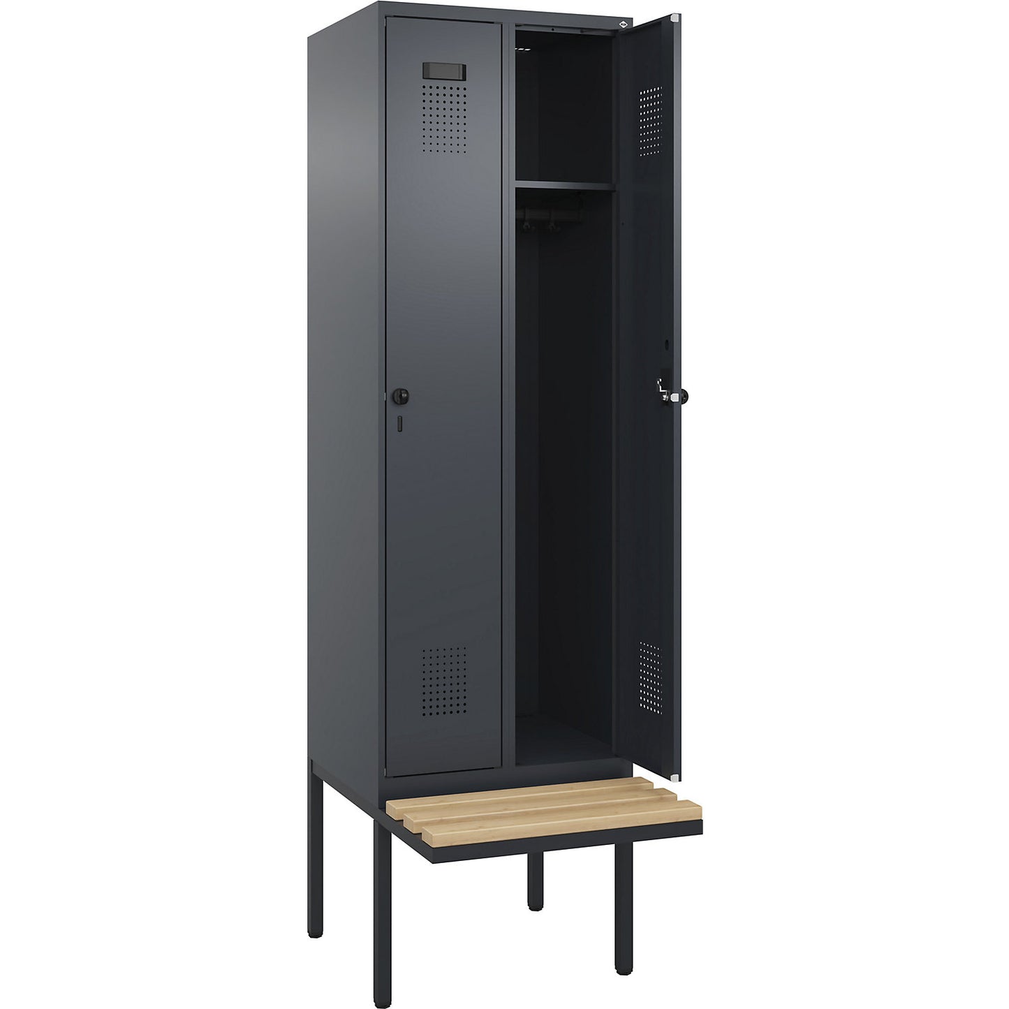 Evolo PLUS bench seat locker, 2 compartments, grey, W 600 mm, security rotary bolt, with cantilevered bench seat, beech.