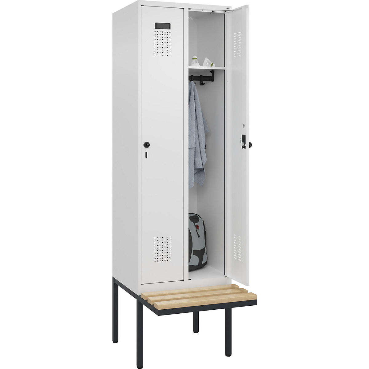 Evolo PLUS bench seat locker, 2 compartments, white, W 600 mm, security rotary bolt, with cantilevered bench seat, beech.