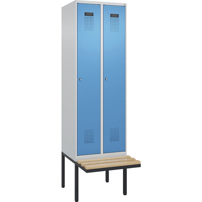 Evolo PLUS bench seat locker, 2 compartments, light grey / light blue, W 600 mm, cylinder lock, with cantilevered bench seat, beech.