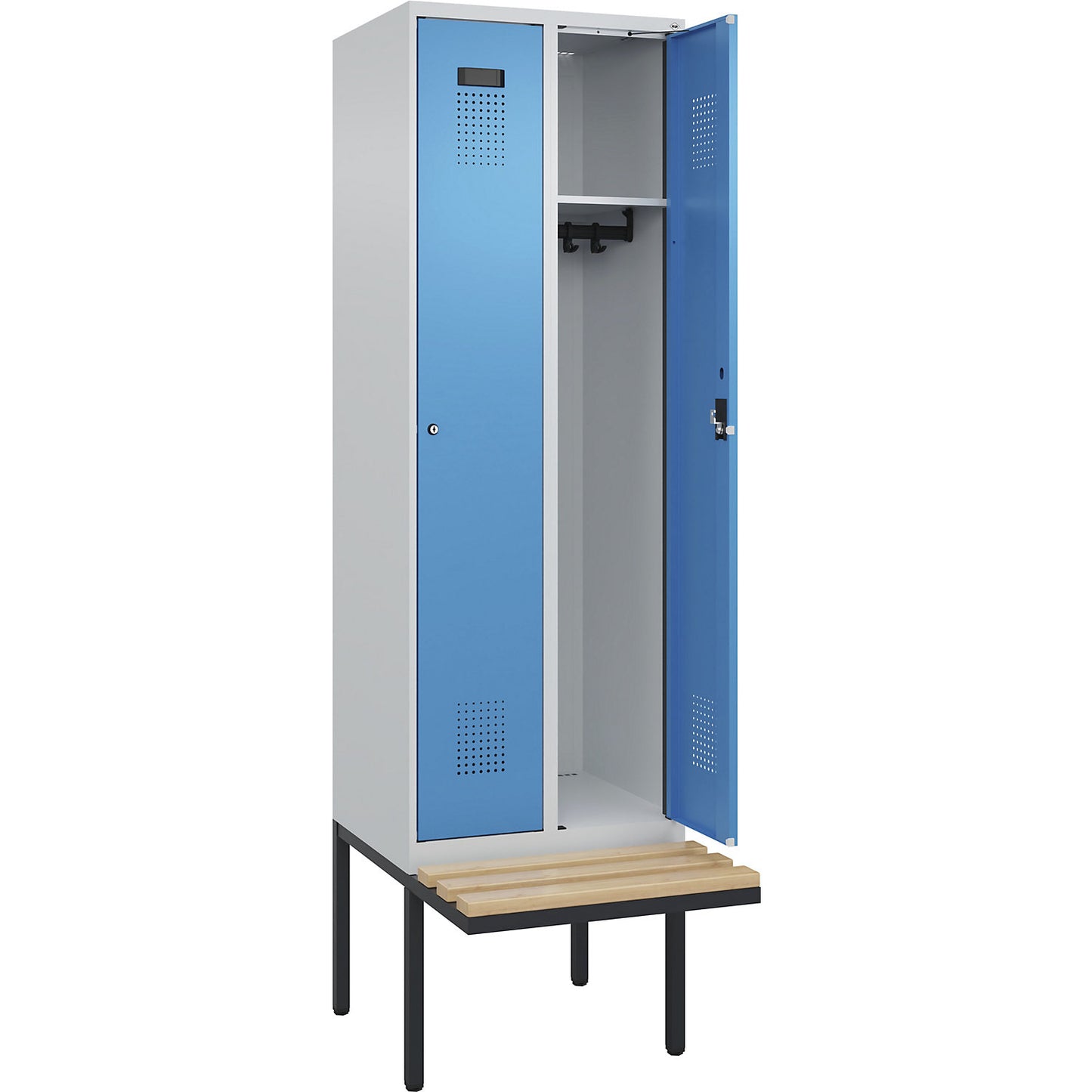 Evolo PLUS bench seat locker, 2 compartments, light grey / light blue, W 600 mm, cylinder lock, with cantilevered bench seat, beech.