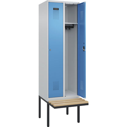 Evolo PLUS bench seat locker, 2 compartments, light grey / light blue, W 600 mm, cylinder lock, with cantilevered bench seat, beech.