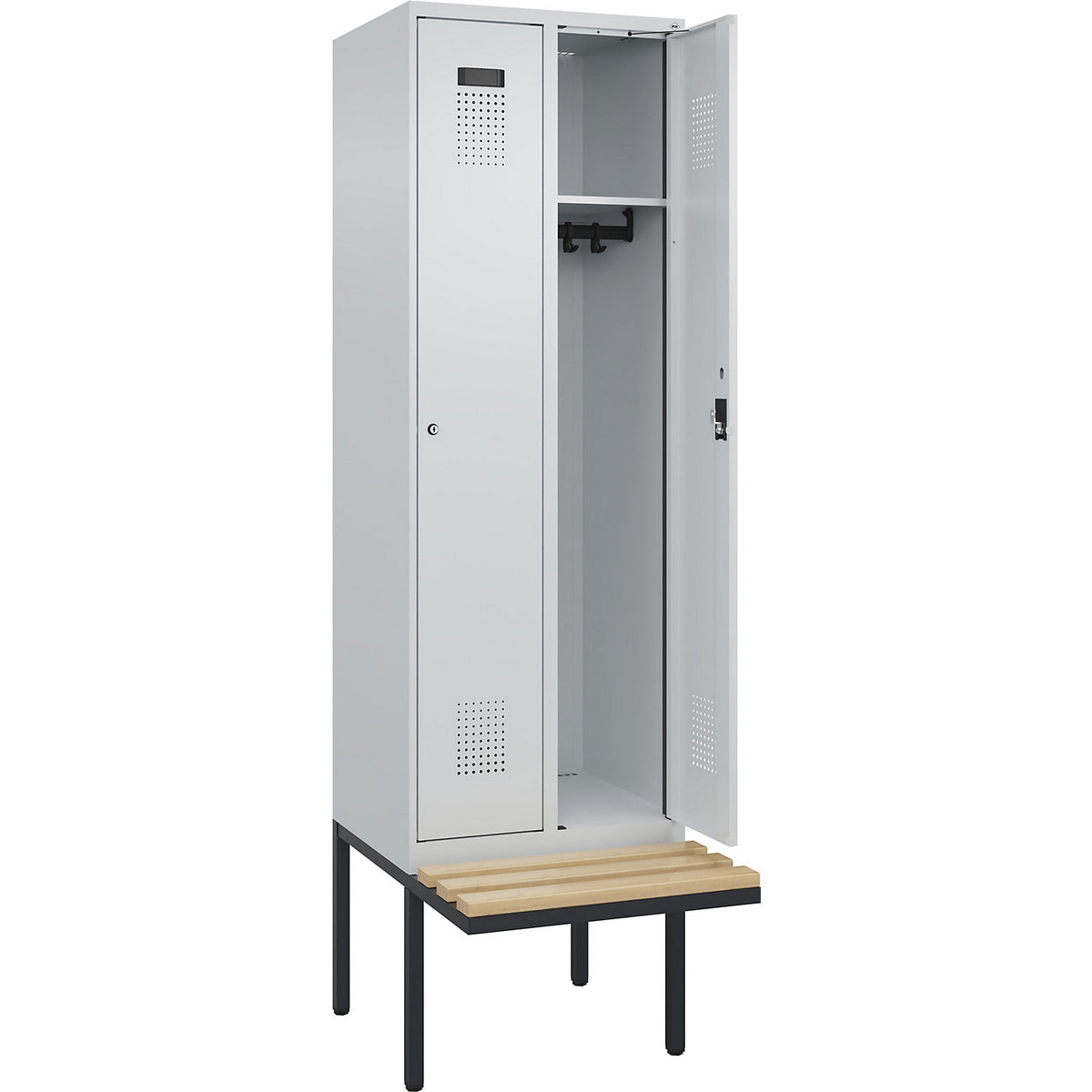 Evolo PLUS bench seat locker, 2 compartments, light grey / light grey, W 600 mm, cylinder lock, with cantilevered bench seat, beech.