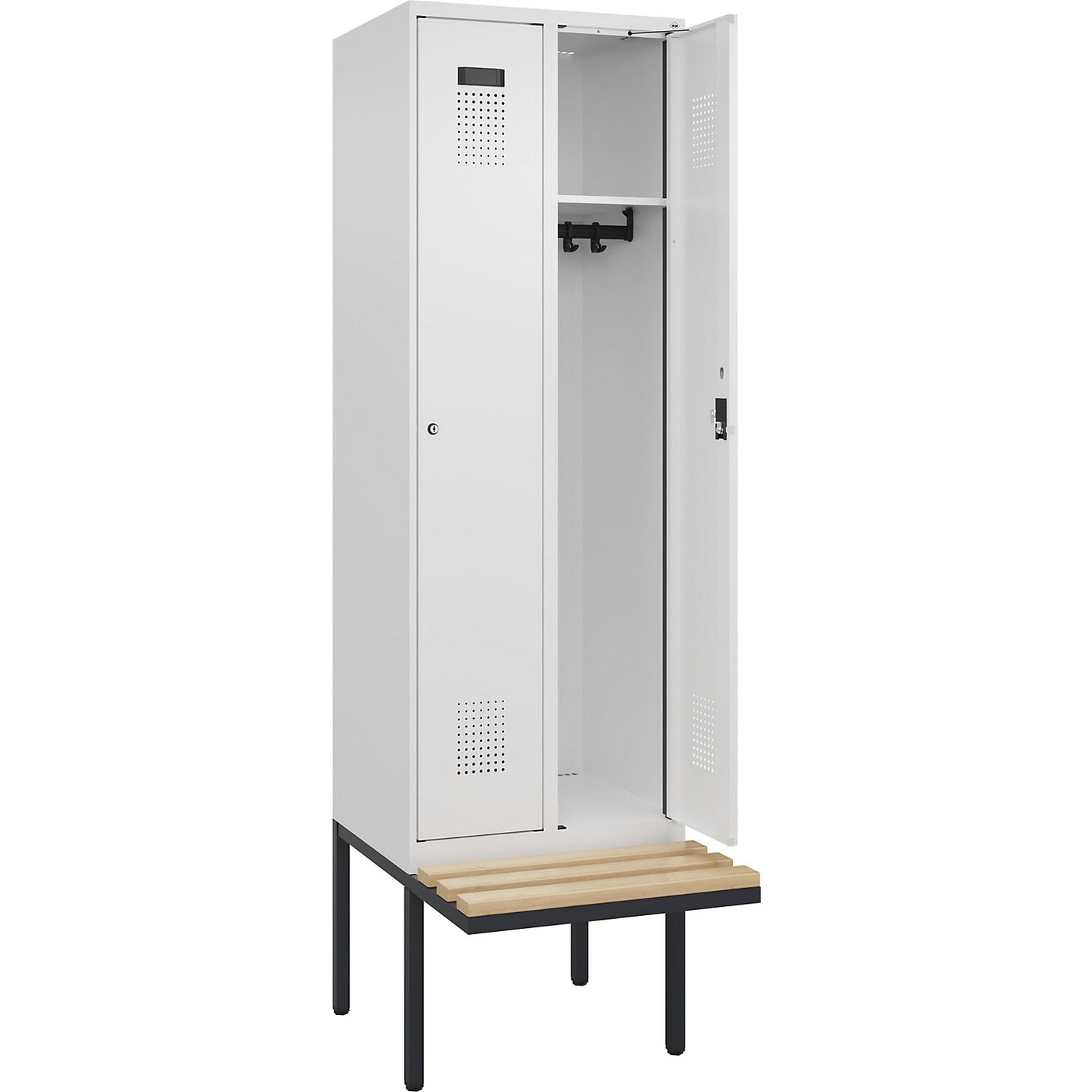 Evolo PLUS bench seat locker, 2 compartments, white, W 600 mm, cylinder lock, with cantilevered bench seat, beech.