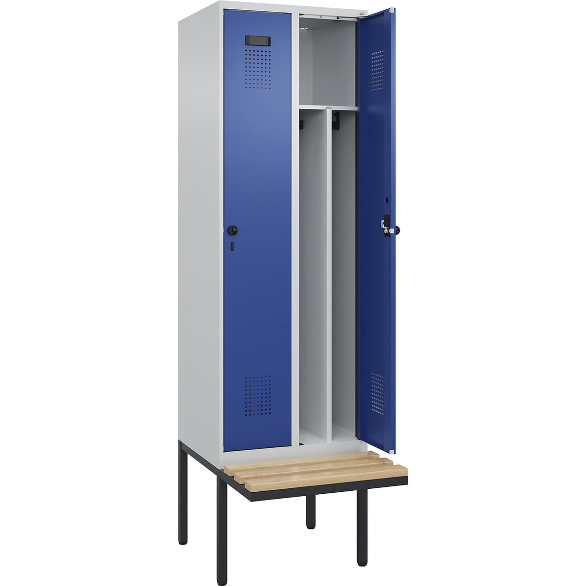 Evolo PLUS clean and dirty bench seat clothes locker, narrow, 2 compartments, shortened centre divider, light grey / gentian blue, W 600 mm, security rotary bolt, with cantilevered bench seat, beech.