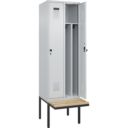 Evolo PLUS clean and dirty bench seat clothes locker, narrow, 2 compartments, shortened centre divider, light grey / light grey, W 600 mm, security rotary bolt, with cantilevered bench seat, beech.
