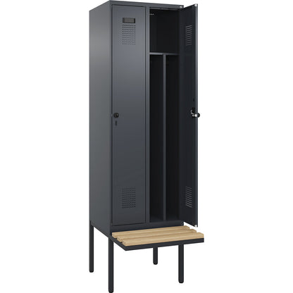 Evolo PLUS clean and dirty bench seat clothes locker, narrow, 2 compartments, shortened centre divider, grey, W 600 mm, security rotary bolt, with cantilevered bench seat, beech.