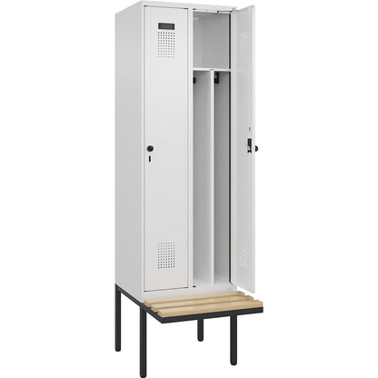 Evolo PLUS clean and dirty bench seat clothes locker, narrow, 2 compartments, shortened centre divider, white, W 600 mm, security rotary bolt, with cantilevered bench seat, beech.