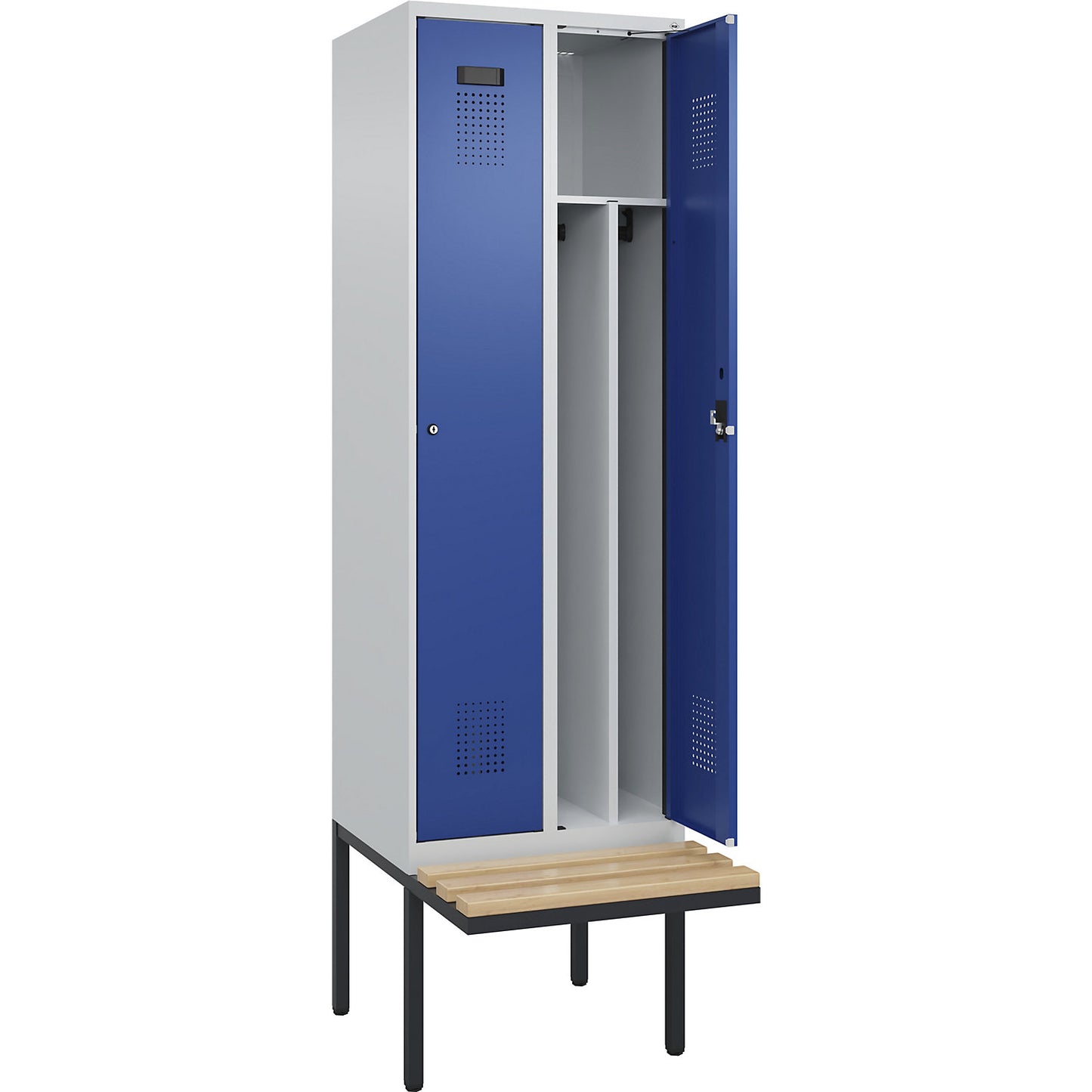 Evolo PLUS clean and dirty bench seat clothes locker, narrow, 2 compartments, shortened centre divider, light grey / gentian blue, W 600 mm, cylinder lock, with cantilevered bench seat, beech.