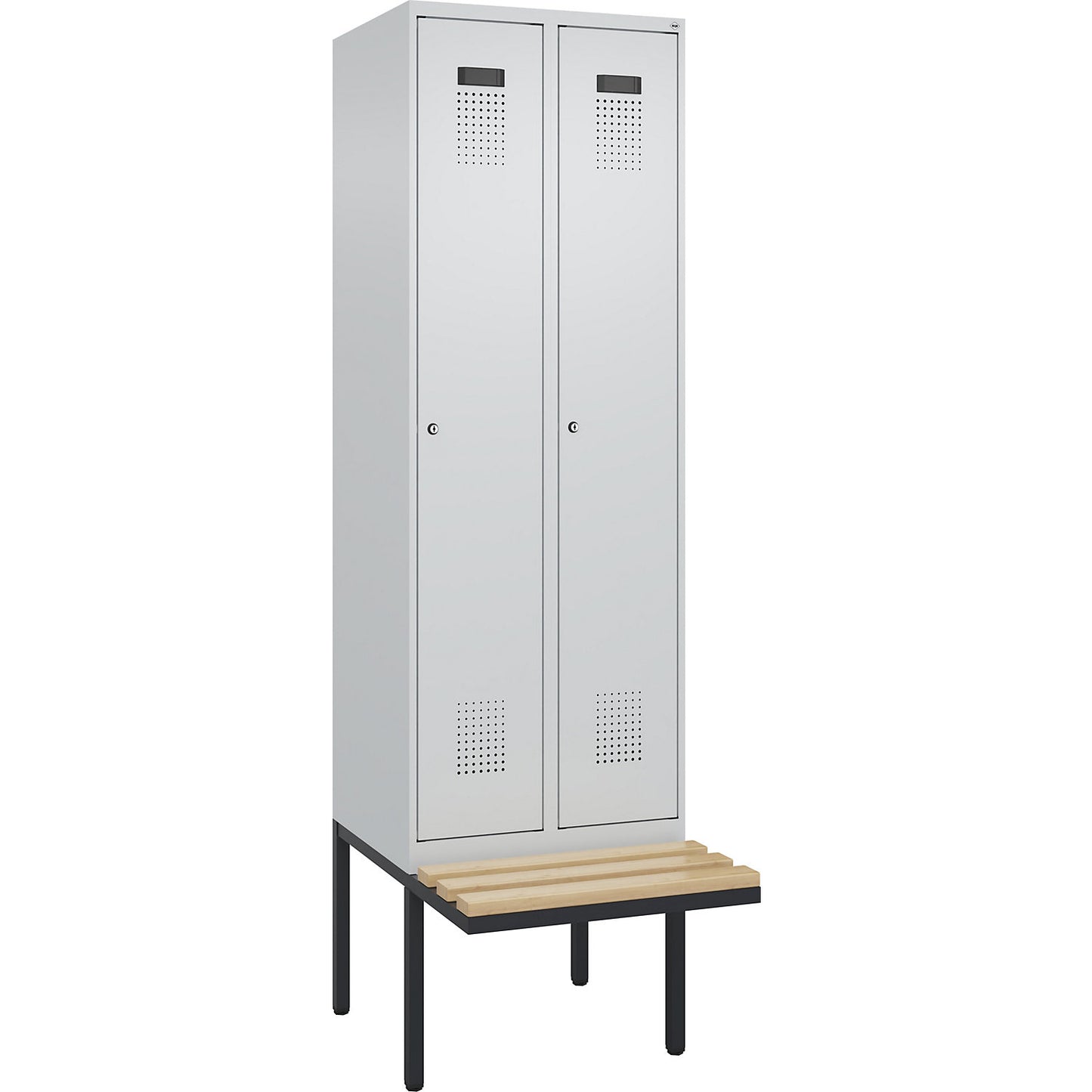 Evolo PLUS clean and dirty bench seat clothes locker, narrow, 2 compartments, shortened centre divider, light grey / light grey, W 600 mm, cylinder lock, with cantilevered bench seat, beech.