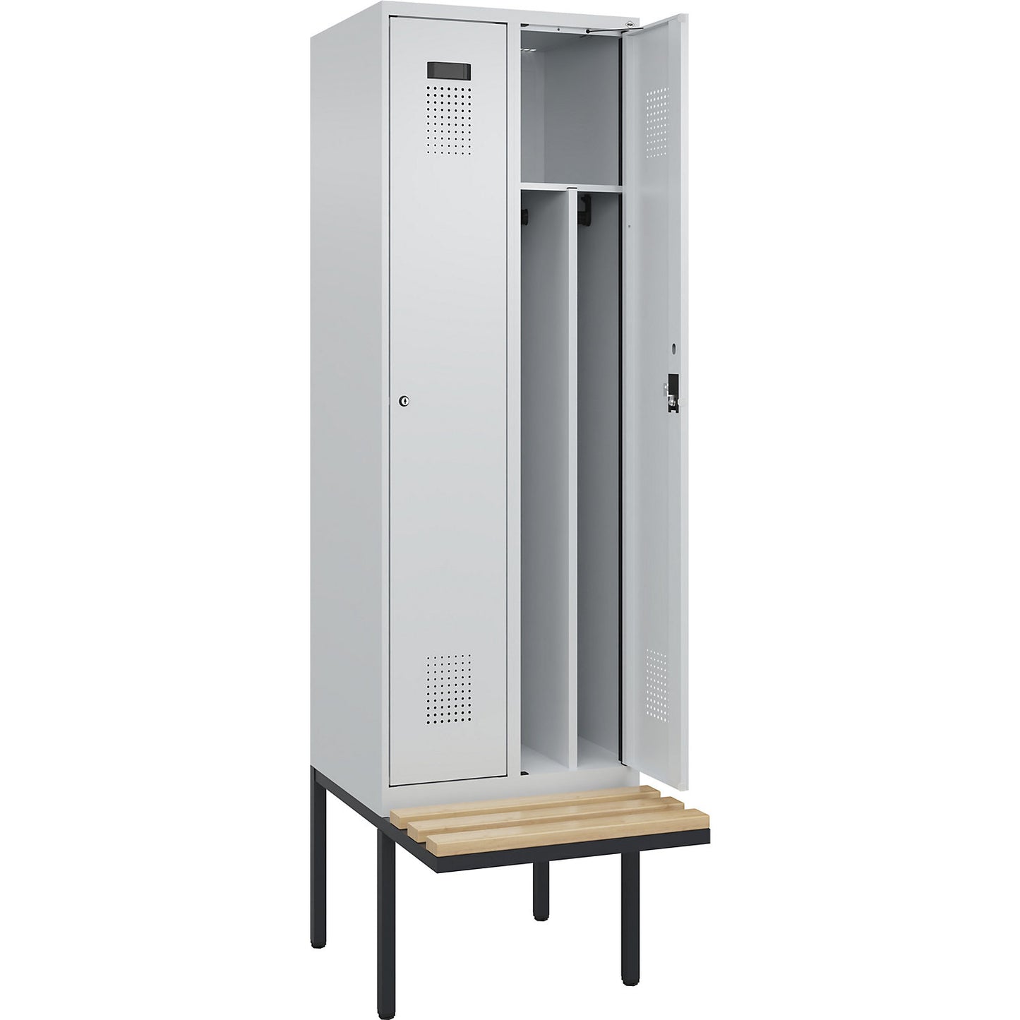 Evolo PLUS clean and dirty bench seat clothes locker, narrow, 2 compartments, shortened centre divider, light grey / light grey, W 600 mm, cylinder lock, with cantilevered bench seat, beech.