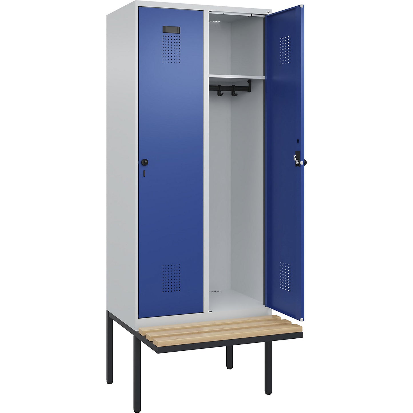 Evolo PLUS bench seat locker, 2 compartments, light grey / gentian blue, W 800 mm, security rotary bolt, with cantilevered bench seat, beech.