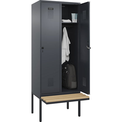 Evolo PLUS bench seat locker, 2 compartments, grey, W 800 mm, security rotary bolt, with cantilevered bench seat, beech.