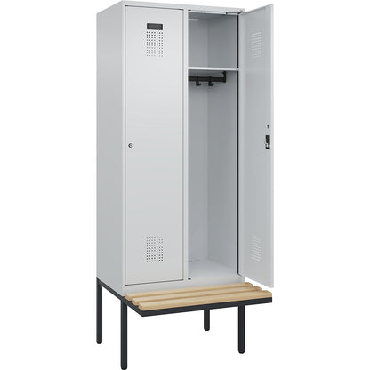 Evolo PLUS bench seat locker, 2 compartments, light grey / light grey, W 800 mm, cylinder lock, with cantilevered bench seat, beech.