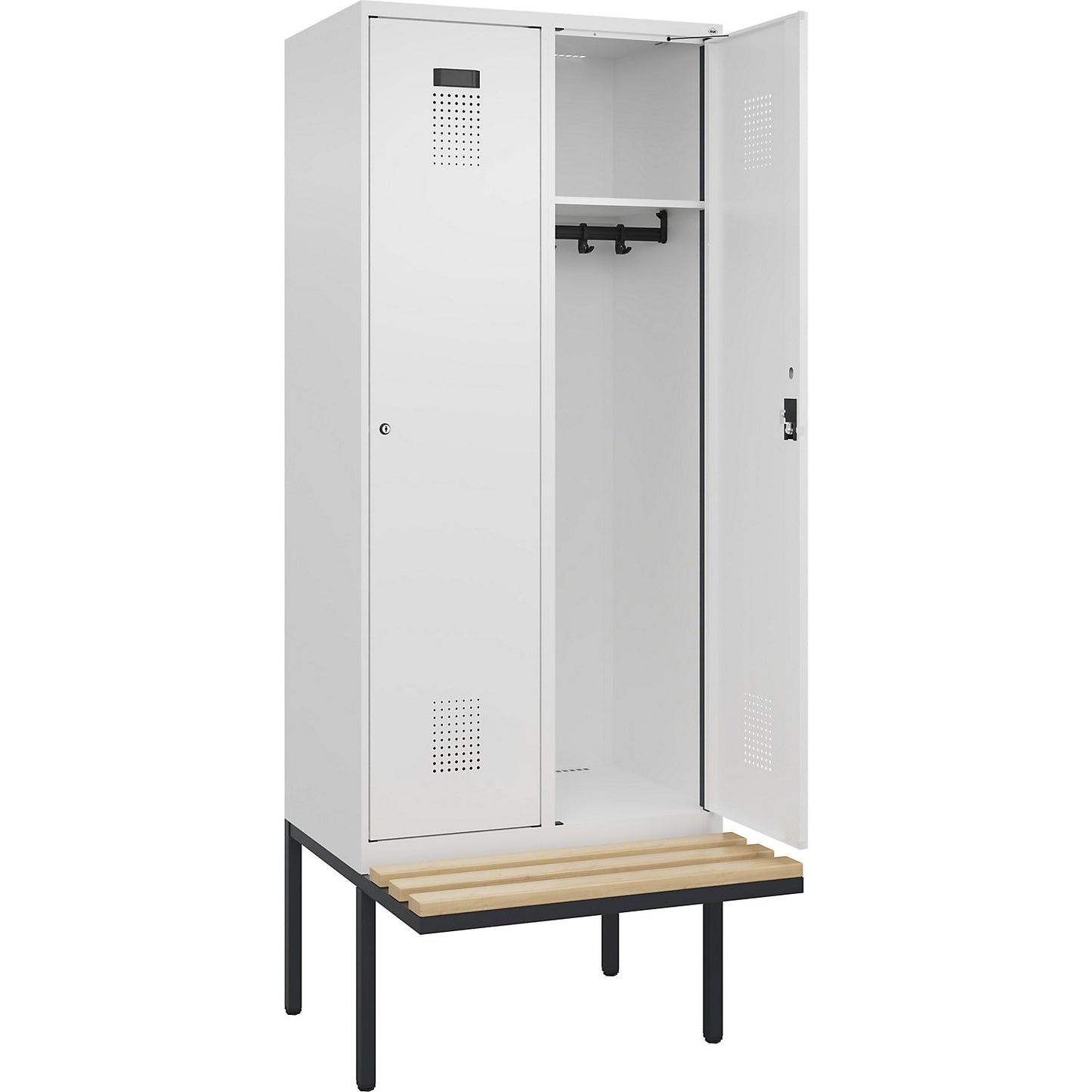 Evolo PLUS bench seat locker, 2 compartments, white, W 800 mm, cylinder lock, with cantilevered bench seat, beech.