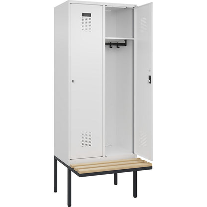 Evolo PLUS bench seat locker, 2 compartments, white, W 800 mm, cylinder lock, with cantilevered bench seat, beech.