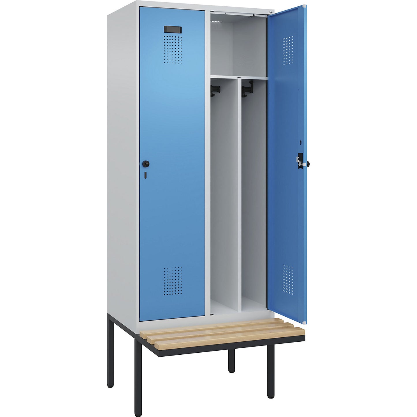Evolo PLUS clean and dirty bench seat clothes locker, narrow, 2 compartments, shortened centre divider, light grey / light blue, W 800 mm, security rotary bolt, with cantilevered bench seat, beech.