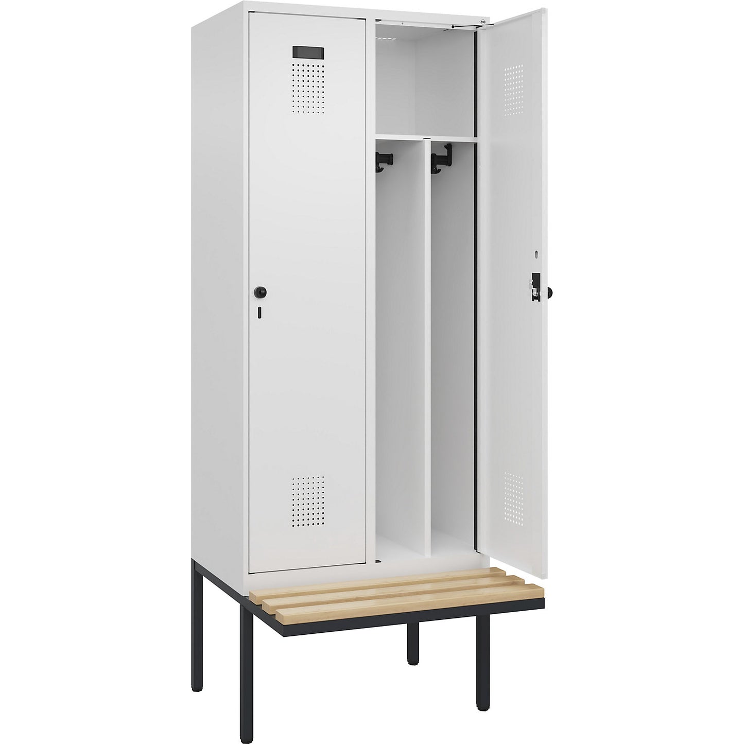 Evolo PLUS clean and dirty bench seat clothes locker, narrow, 2 compartments, shortened centre divider, white, W 800 mm, security rotary bolt, with cantilevered bench seat, beech.